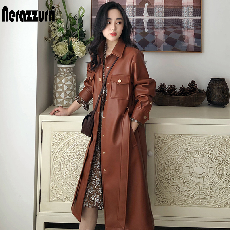 Nerazzurri Autumn brown leather coat women long sleeve belt buttons Plus size long leather shirt women 7xl Leather trench coat 201020