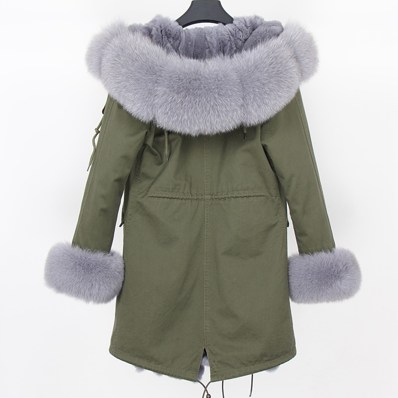 Women Pure cotton jacket real rabbit lined long jacket new collar park's coats fur coat 201016
