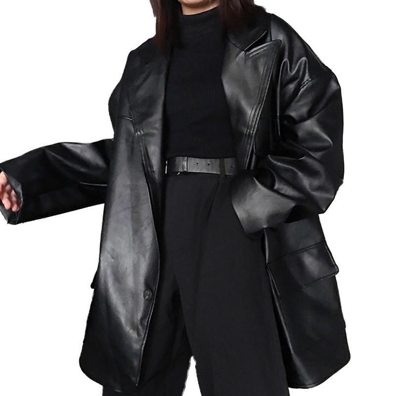 Women Spring Autumn Faux Leather Jackets Female Lapel Loose Casual Coats Vintage Wild Motorcycle PU Leather Outwear L01 201020