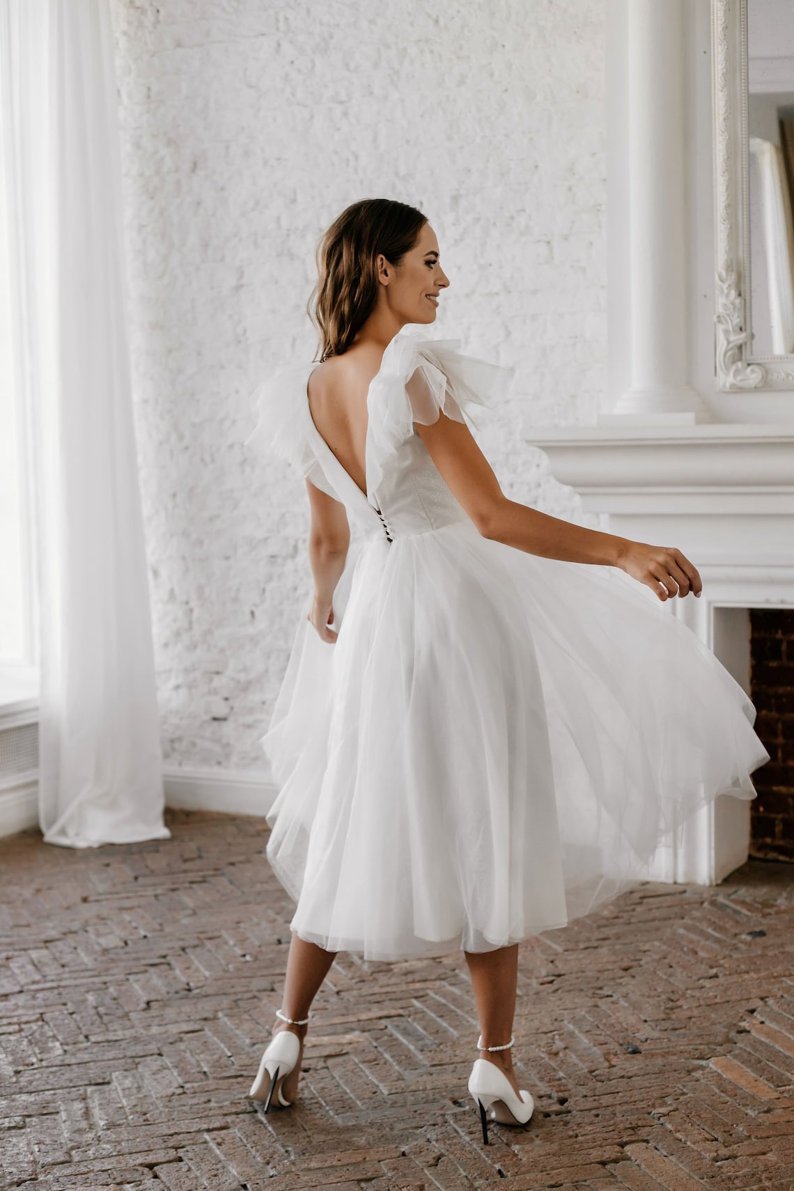 Simple V-Neck Short Tulle Wedding Dress For Bride 2022 Summer A Line Vestidos Sexy Open Back Tea-Length Boho Beach Bridal Gowns