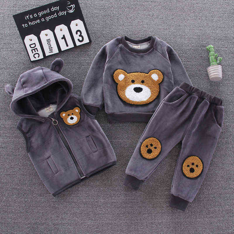 Baby clothes autumn and winter gold velvet thick warm suit cartoon bear hooded sweater boy girl fleece children 3-piece set 220118