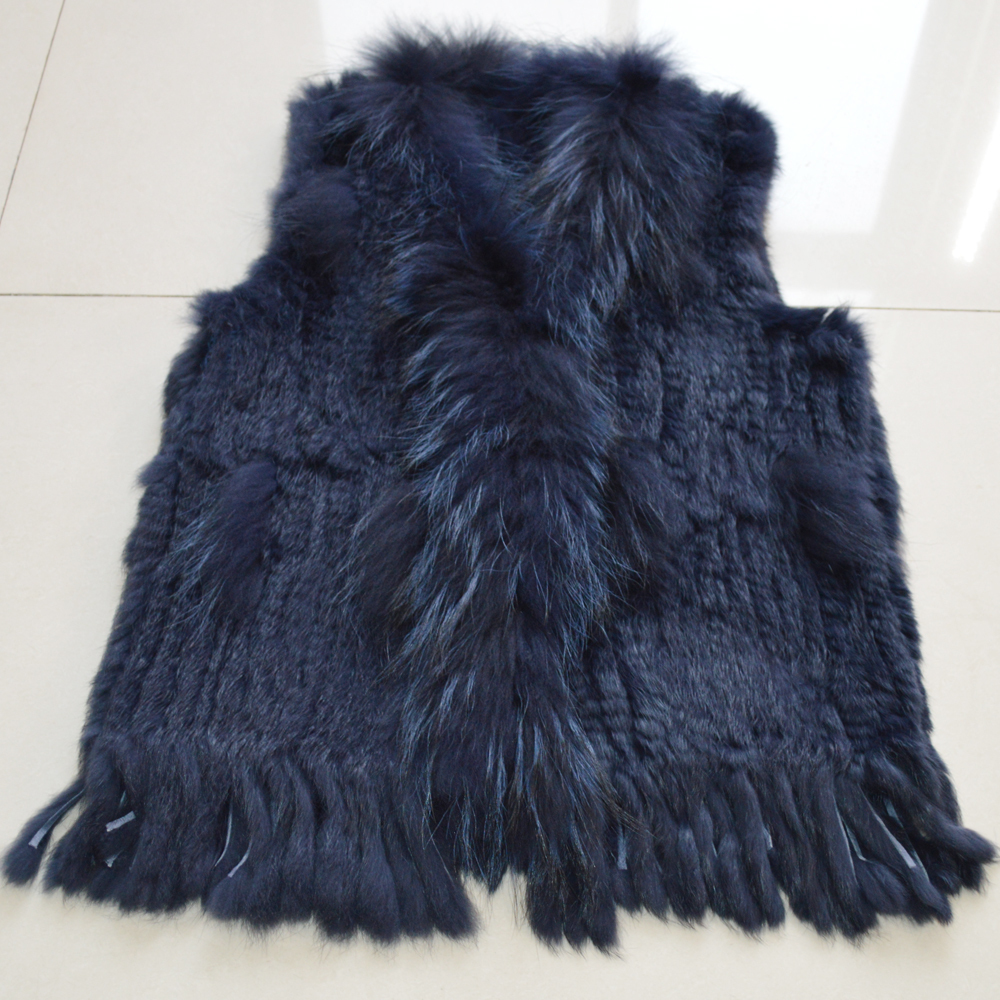 Women Real Rabbit Fur Vest Knitted Tassels Quality Real Genuine Rabbit Fur Gilet Real Raccoon Fur Collar Waistcoat 201016