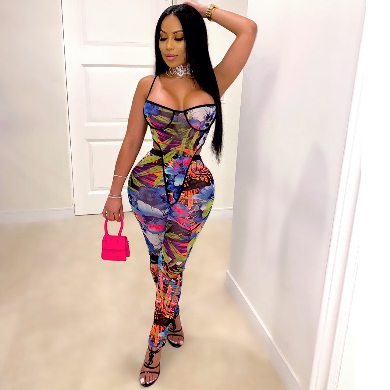 Joskaa spaghetti straps Sexy low neck skinny Slim-Fit Strap Strapless Bra Printed Romper bodysuit women's two-piece set 201008