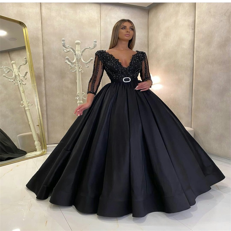 Gorgeous Black A Line Evening Dresses With Belt Long Sleeves Beads Prom Dresses Custom Made Sexy V Neck Sweep Train Formal Pageant Gown