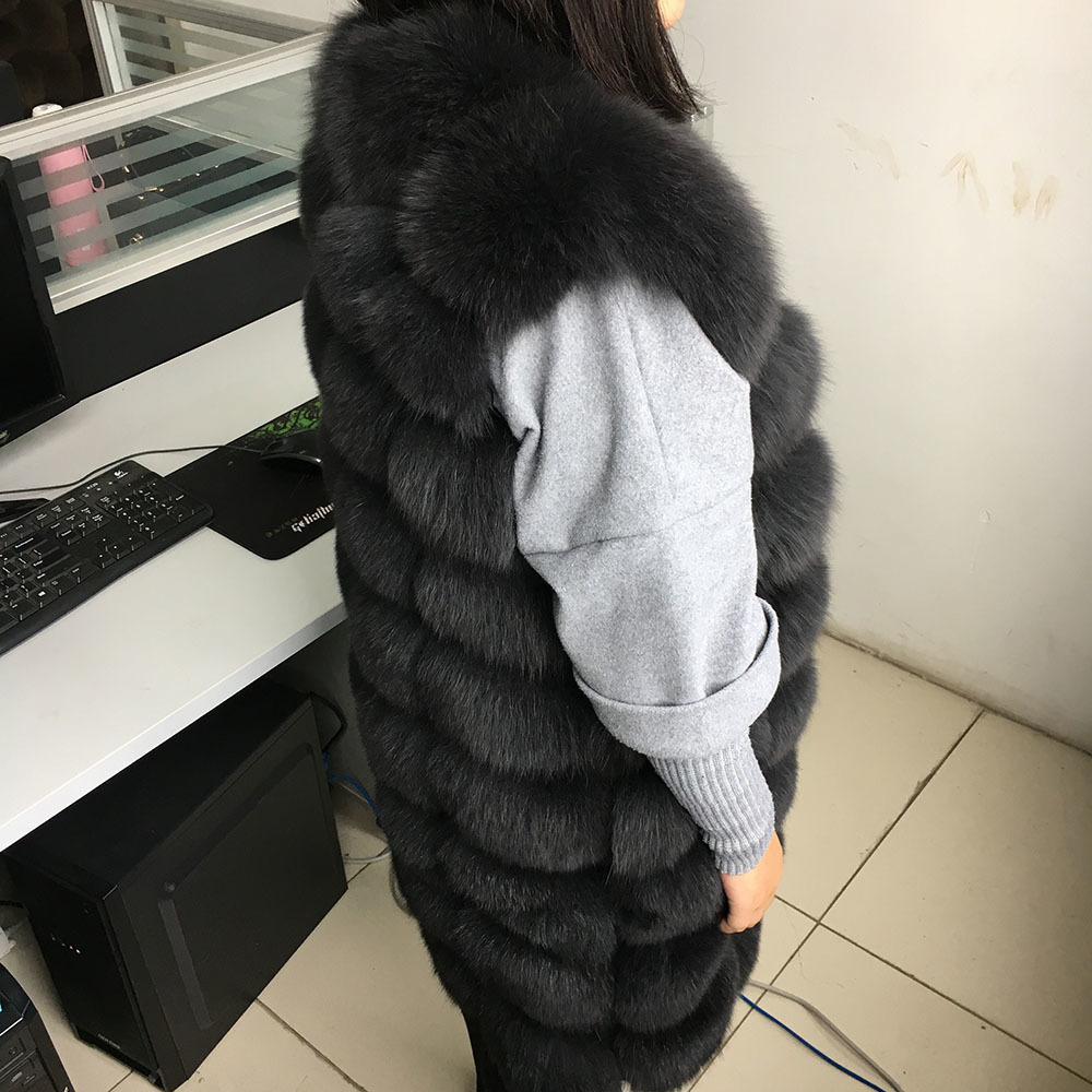 maomaokong 88cm long natural fur vest fashion sleeveless fur jacket coat warm female slim park jacket 201016