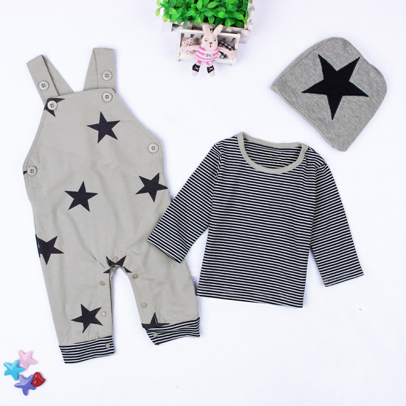 Baby Boys Baby Girls clothing set Newborn baby black grey striated T-shirt+ bib pants + hat stars pattern costumes suits Y1105