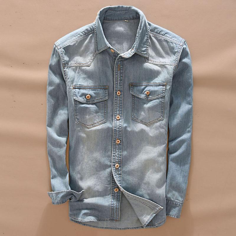 Men' Vintage long sleeve denim shirt with wood button spring blue casual shirt men korea style slim fit denim for men
Men' Vintage long sleeve denim shirt with wood button spring blue casual shirt men korea style slim fit denim for men