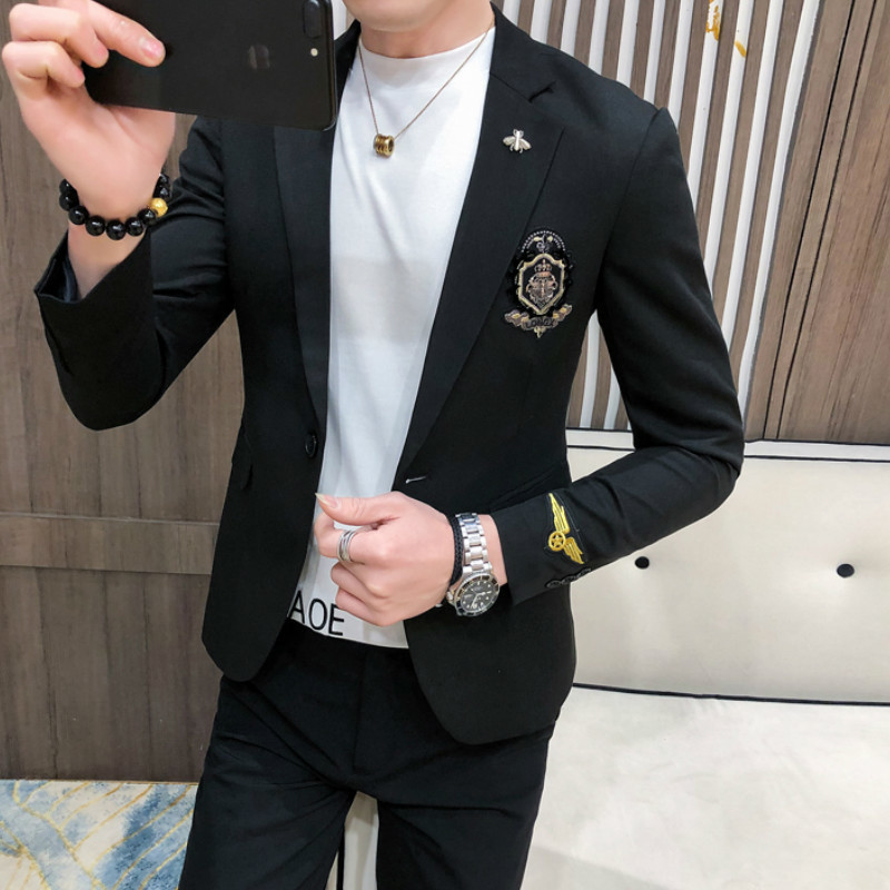 Spring Casual Blazer Suit Jacket Embroidery Black Social British Blazers Men Suits Wedding Coat Club DJ Stage Clothers 201128