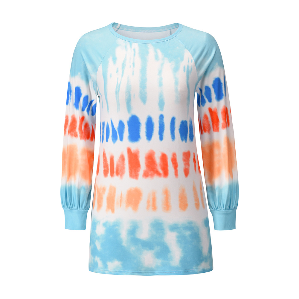 2021 autumn and winter tie-dye printed sweater European and American style contrast long-sleeved round neck T-shirt