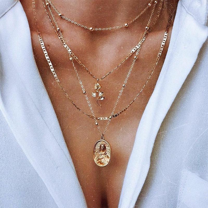 4Pcs/Set Women Gold Necklaces Set Boho Virgin Mary Flower Bead Chain Pendant Multilayer Necklace Personality Party Jewelry
4Pcs/Set Women Gold Necklaces Set Boho Virgin Mary Flower Bead Chain Pendant Multilayer Necklace Personality Party Jewelry