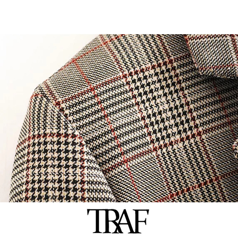 TRAF Women Vintage Stylish Office Wear Plaid Blazer Coat Fashion Long Sleeve With Belt Female Outerwear Chic Tops 201114