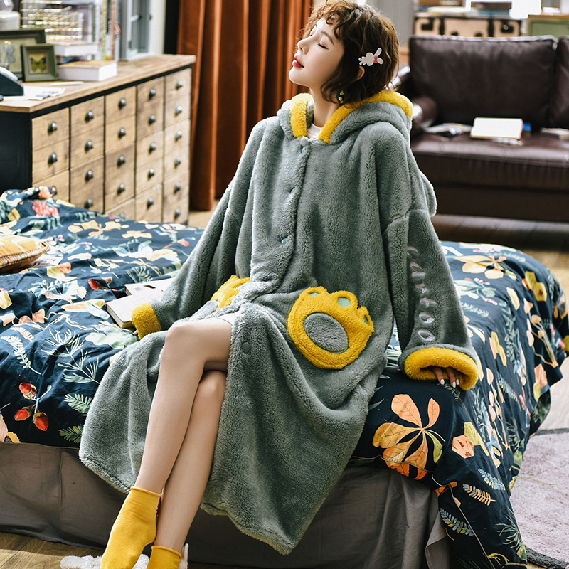 Women Kawaii Winter Robe With Hat Kimono Bathrobe Loose Autumn Nightgown Ears Hooded Sleepwear Bath Night Dress Gown For Girls 210203