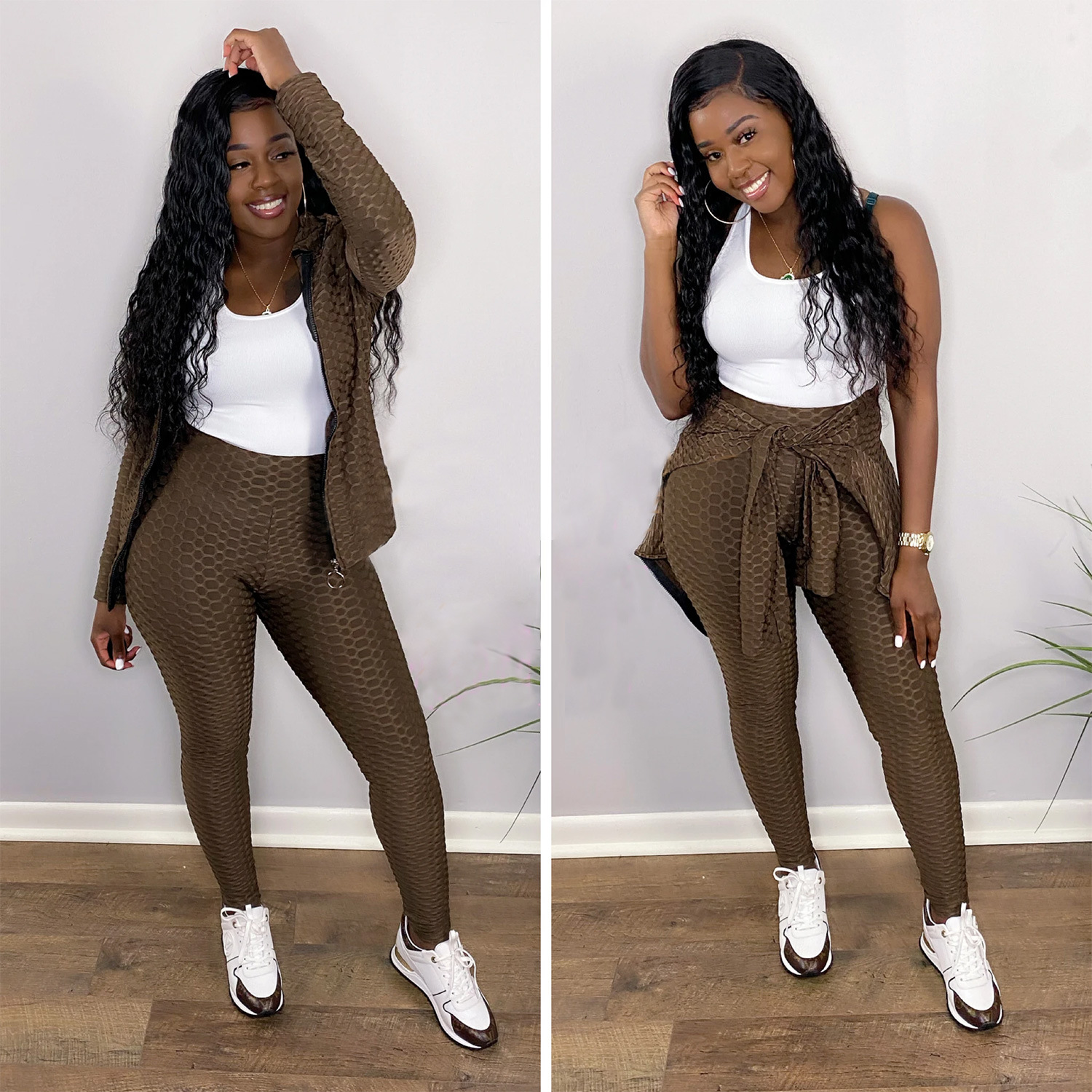 Pants Spot 2021 European and American fashion fish scale polyester stretch frame hooded casual sports suit