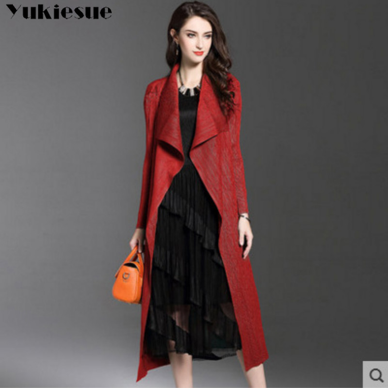 Spring Thin Windproof Outerwear Women Trench Coats pleated Long Sleeve Open Front Elegant Office Work Long Duster Coat Cardigan 201031