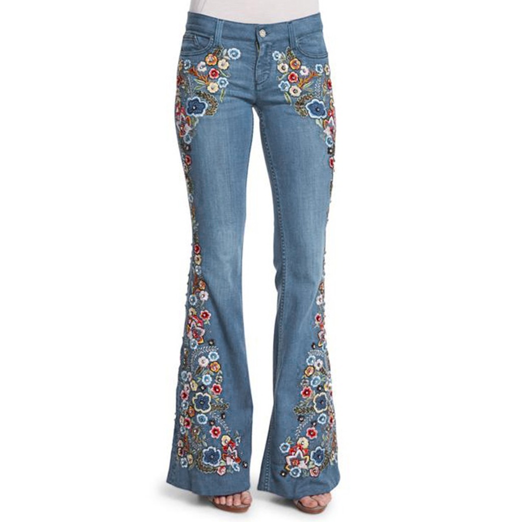 Women Mom Flare Jeans Vintage Embroidery Floral Print Button Waist Bell Bottom Denim Pants Women Casual Boyfriend Jeans 201012