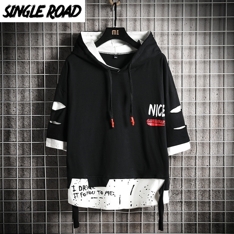 SingleRoad Men's Hoodies Ripped Summer Patchwork Ribbon Sweatshirt Male Hip Hop Harajuku Japanese Streetwear Black Hoodie Men 201020