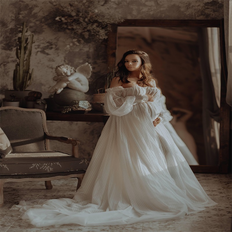 Dot Pregnant Robe Bridesmaid Bride Bateau Sleep Wear Custom Made Pajamas Wedding Robe Nightgown Soft Ruffles Tulle Sweep Train Fast Shipping