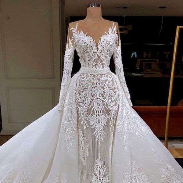 Wedding Mermaid Arabic Lace Dresses with Detachable Train 2021 Sheer Neck Long Sleeve Appliques Bridal Gowns Castle Vestidos De Novia AL7644