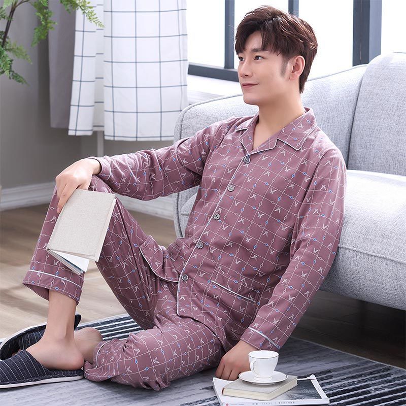 Striped Cotton Men's Long Sleeve Pyjamas Set Spring Turn Down Blue Male Nightwear Pants Pajama Sets Korean Sleepwear Suits 201111