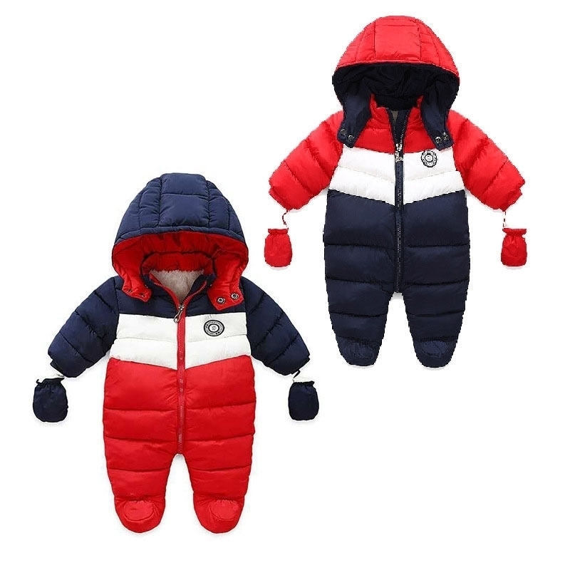 Baby Boy Winter Duck Down Snowsuit Newborn Thick Outerwear Rompers Fleece Liner Baby Snow Wear Hooded Jumpsuit Children Clothes 201030