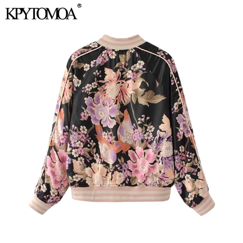 KPYTOMOA Women Boho Fashion Floral Print Bomber Jacket Vintage O Neck Long Sleeve Female Outerwear Chic Tops 201017