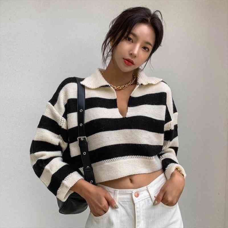 Japan Style Pull Femme Autumn Vintage Hit Color Lapel Red Striped Pullover Sweater Lazy Black Long Sleeve Knitted Top Crop, White;black
Japan Style Pull Femme Autumn Vintage Hit Color Lapel Red Striped Pullover Sweater Lazy Black Long Sleeve Knitted Top Crop, White;black