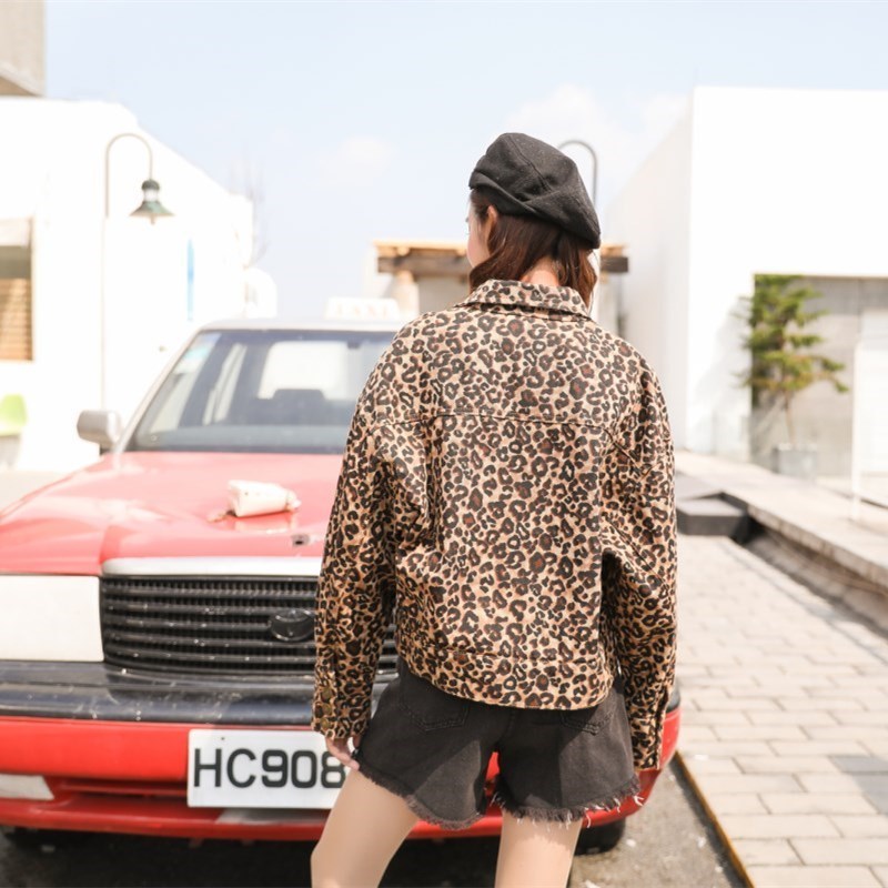 Flectit Women Leopard Denim Jacket Loose-Fit Long Sleeve Bomber Jackets Vintage Animal Print Jeans Jacket 201017