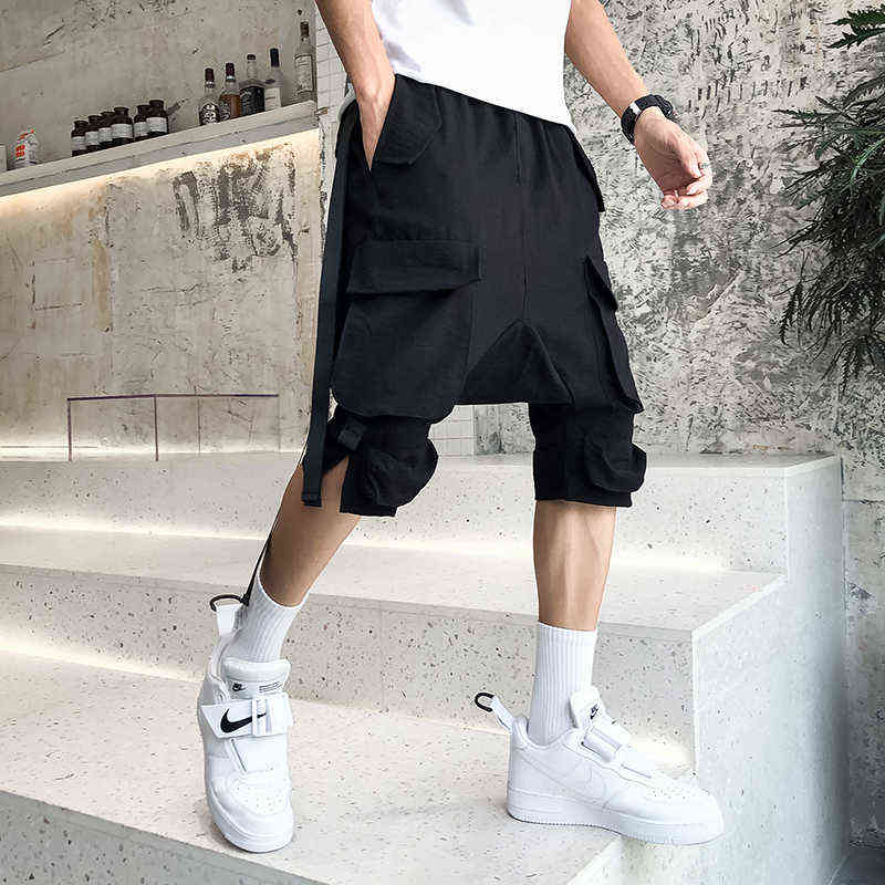 Multi Pockets Ribbons Cargo Shorts Mens Harajuku Hip Hop Drop Crotch Short Pants Korean Style Casual Shorts W220214