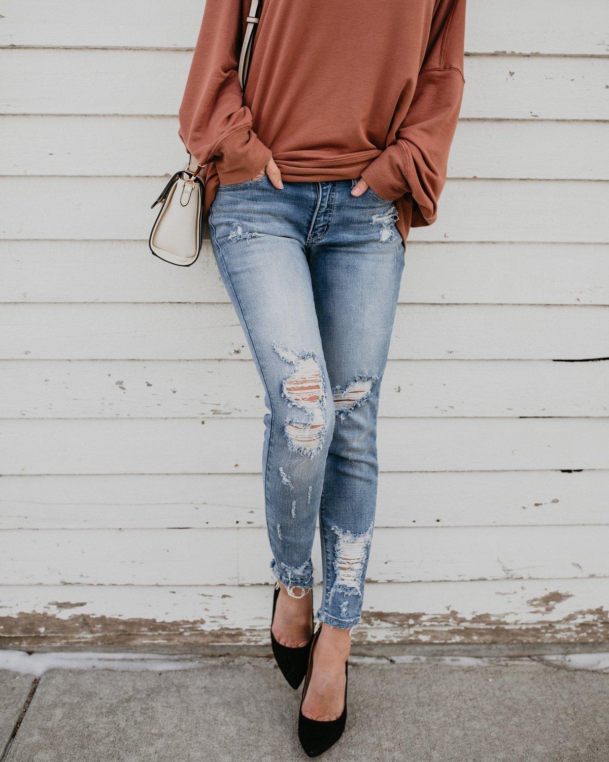 Women's High-Waisted Ripped Jeans: Casual Cropped Skinny Denim Pants For A Vintage Look B4