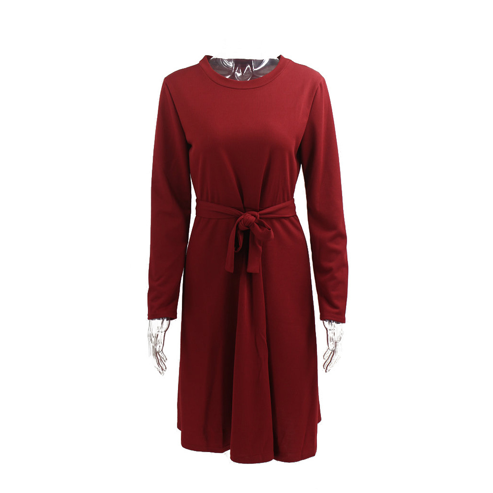 Solid Color Winter Casual Dresses Women Long Sleeve Belt Black Red Dress Autumn Lady Knee-Length Stretch Bandage Dress T200519