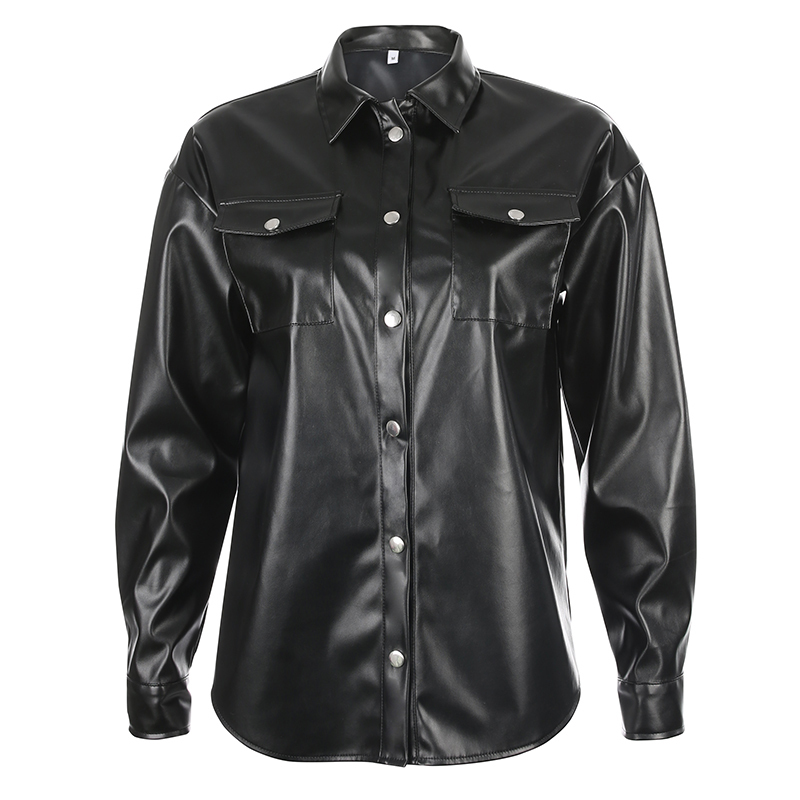 Darlingaga Streetwear Black PU Leather Blouse Women Cardigan Buttons Fashion Women's Shirt Top Long Sleeve Solid Leather Blouses 201029
