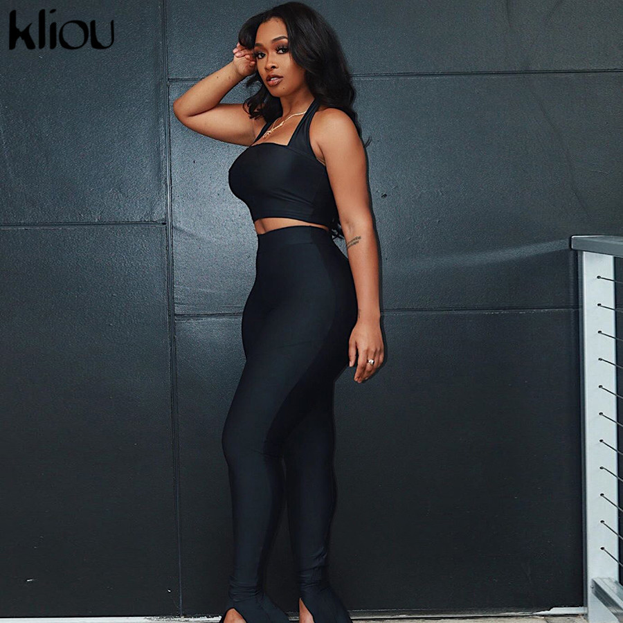 Kliou women two piece outfit halter sleeveless tank tops outdoor leggings sporty matching set skinny tracksuit fitness outfits 201104