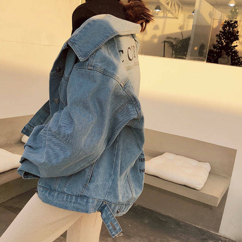 Women's Coat Denim Jacket Vintage Loose Printed Jaqueta Feminina Oversized Jacket Long Sleeve Coat Single Breasted Jackets T200319