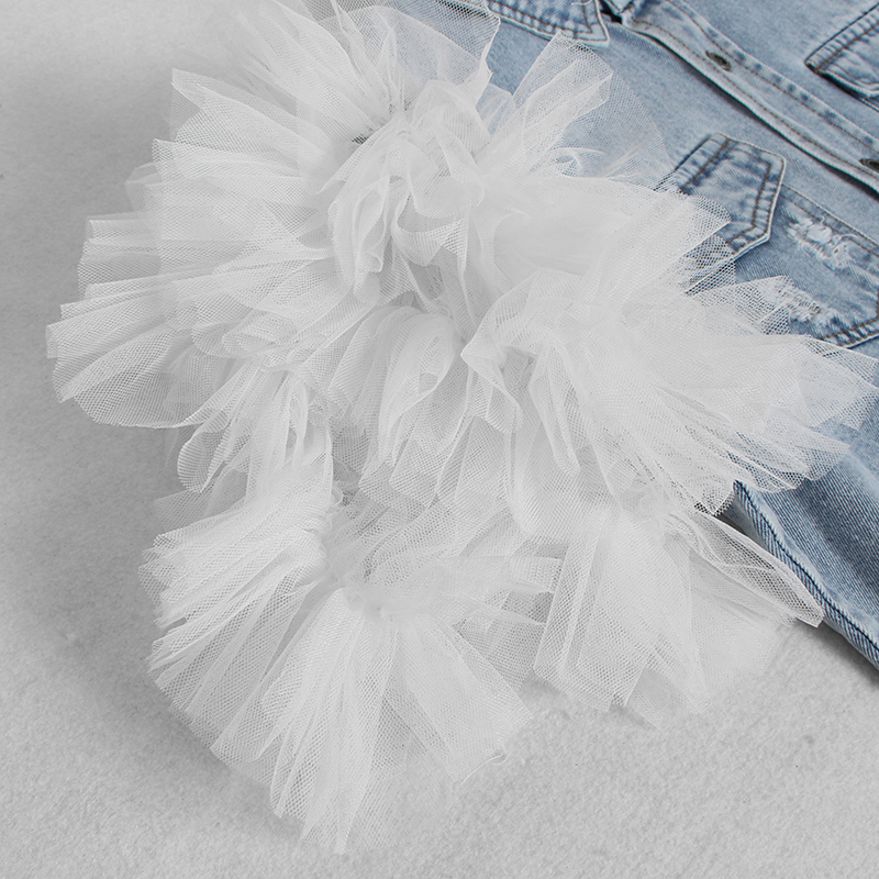 TWOTWINSTYLE Ruffles Denim Patchwork Women's Jacket Lapel Collar Puff Sleeve Summer Long Coats Female Y201006