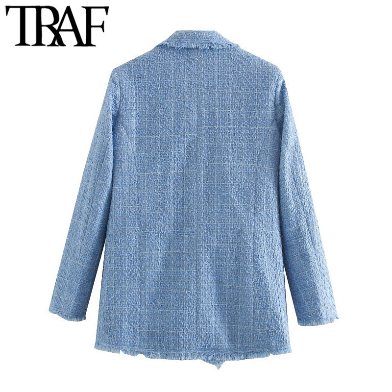 TRAF Women Fashion Office Wear Double Breasted Tweed Blazer Coat Vintage Long Sleeve Frayed Female Outerwear Chic Tops 201106