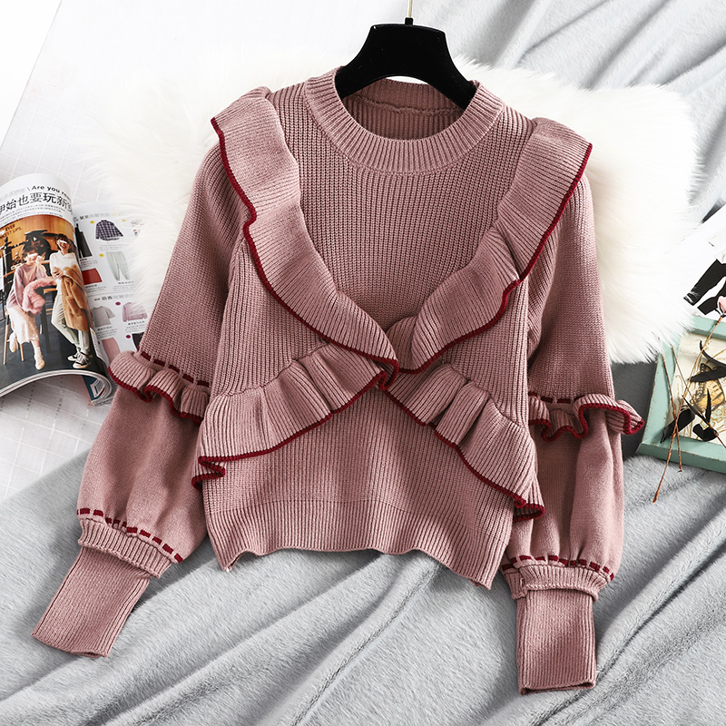 Autumn winter women's top Korean style the ruffle stitching pullover sweater new lantern sleeve knitted bottoming tops LL283 201111wtt