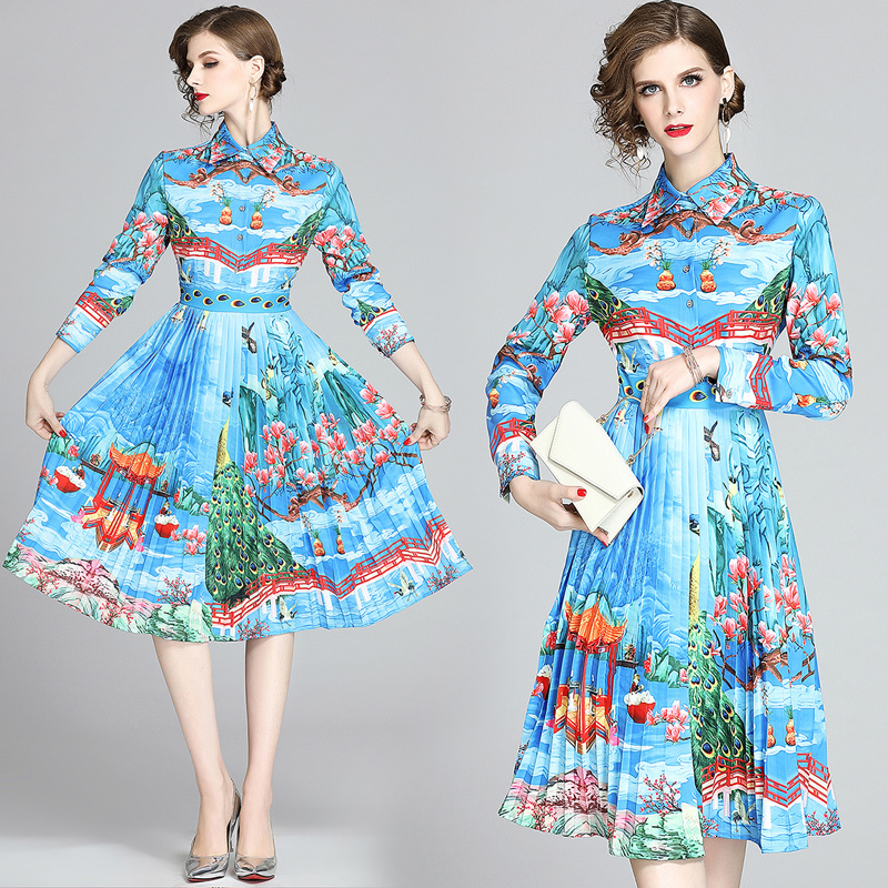 2021 New Elegant Runway Spring Summer Midi Pleated Women's Long Sleeve Hand Painted Flower Peacock Print Holiday Es Xdvf, Blue
2021 New Elegant Runway Spring Summer Midi Pleated Women's Long Sleeve Hand Painted Flower Peacock Print Holiday Es Xdvf, Blue