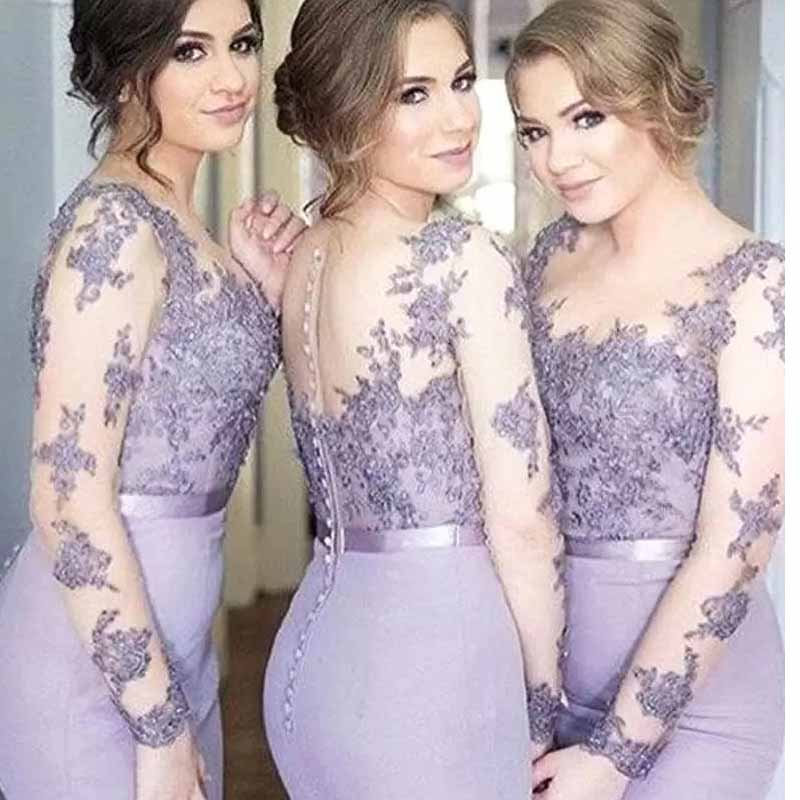 In Stock Lavender Lace Mermaid Bridesmaid With Sleeves Long Garden Dresses For Wedding Girls Party Gown 0219
