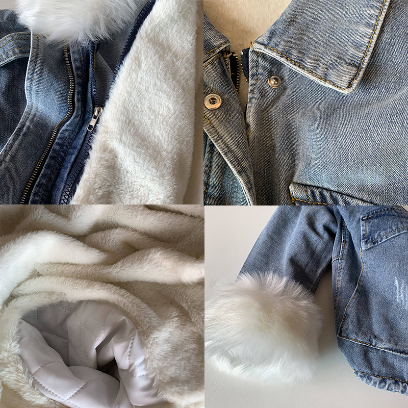 Thicken Winter Denim Jacket Casual Women Long Sleeve Short Coats Fur Collar Outerwear Loose Ins Style Streetwear Overcoat 201026