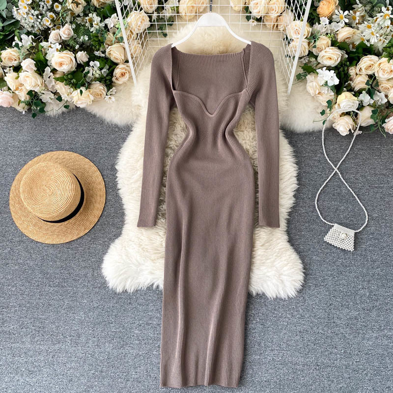 Dresses For Women Sexy Strapless Ribbed Knitted Bodycon Dress Women Winter Long Sleeve Midi Sweater Dress Clothes 201125