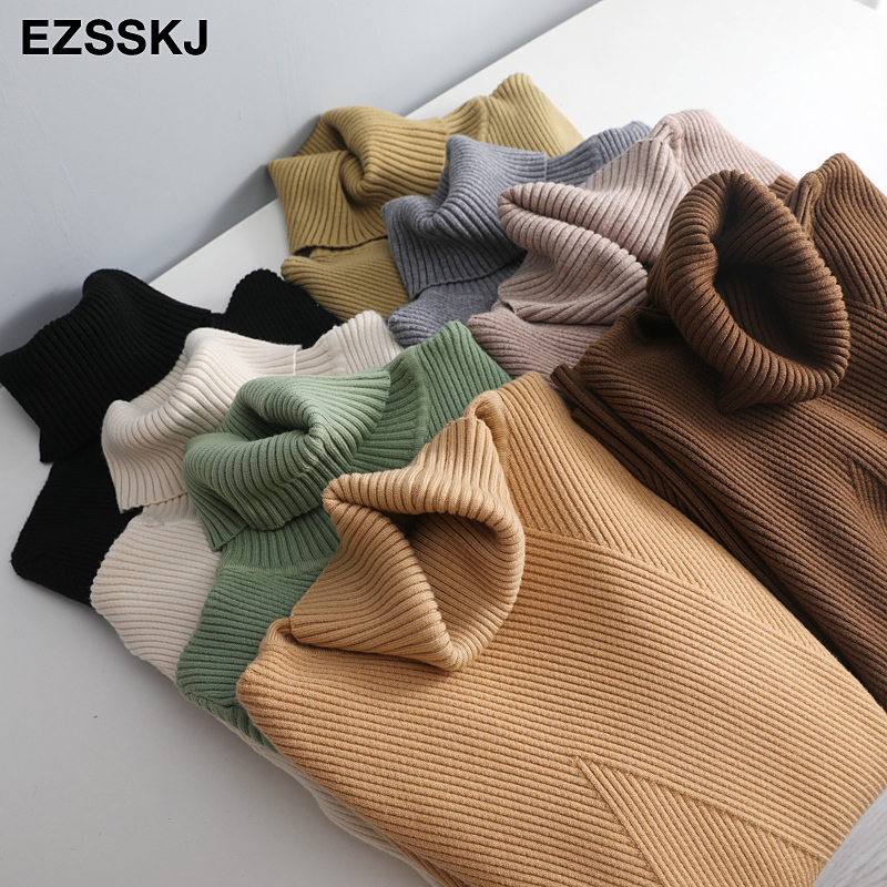 thick Knitted Women high neck Sweater Pullovers Turtleneck Autumn Winter Basic Women Sweaters Slim khaki jacket Pullovers 201023