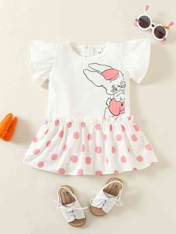 Baby Polka Dot & Cartoon Graphic Ruffle Trim Frilled Smock Dress SHE