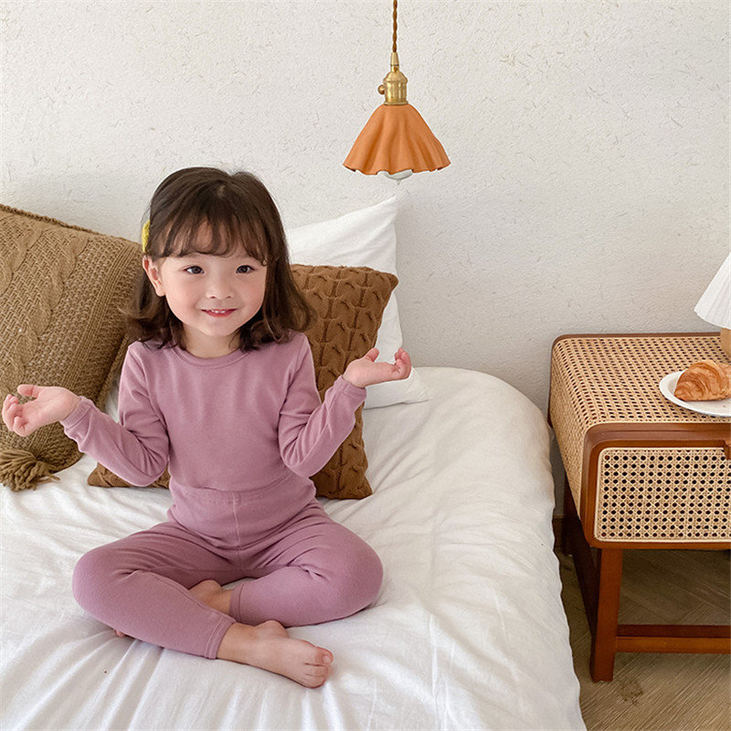 Baby girls pure color sanded pajamas sets fashion long sleeve T shirt and pants suit homewear for Toddler KidsX1019