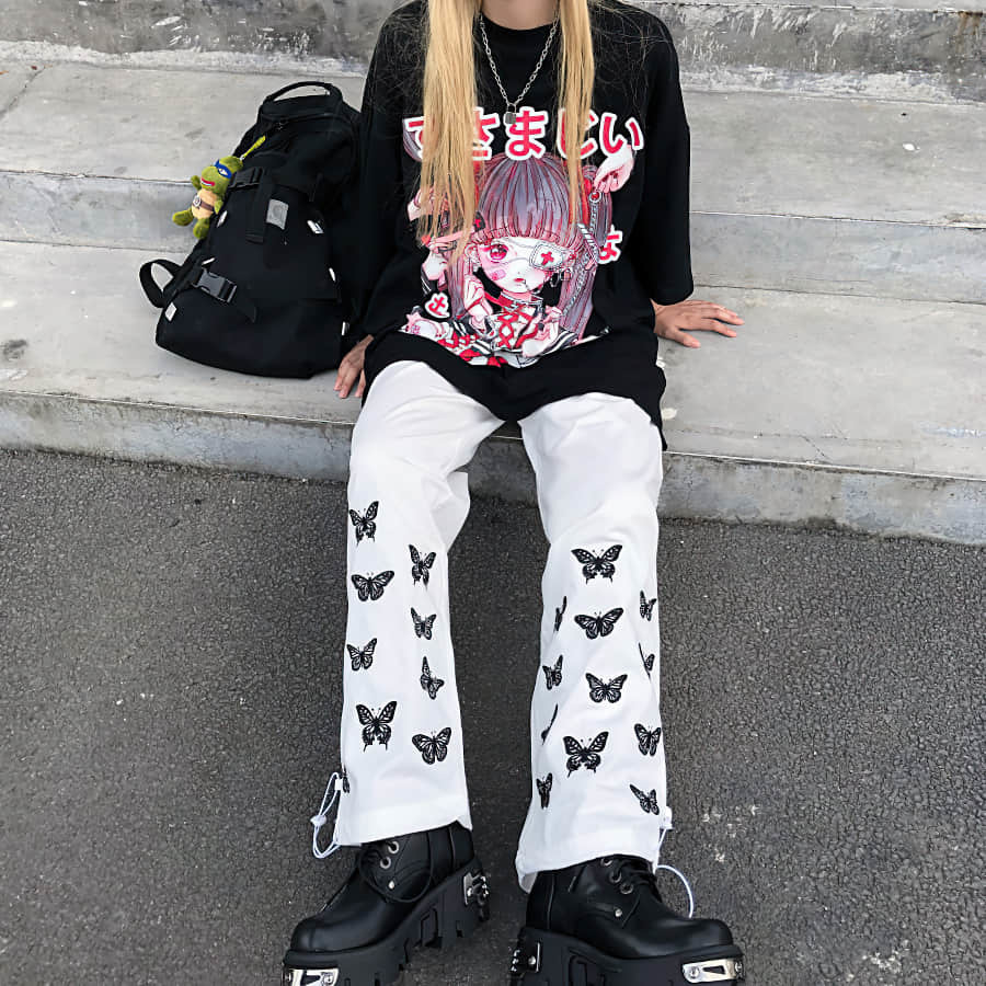 New Autmun High Waist Pants Women Cargo Sweatpants Embroided Butterflies Wide Leg Straight Plus Size Casual Trousers Streetwear 201112