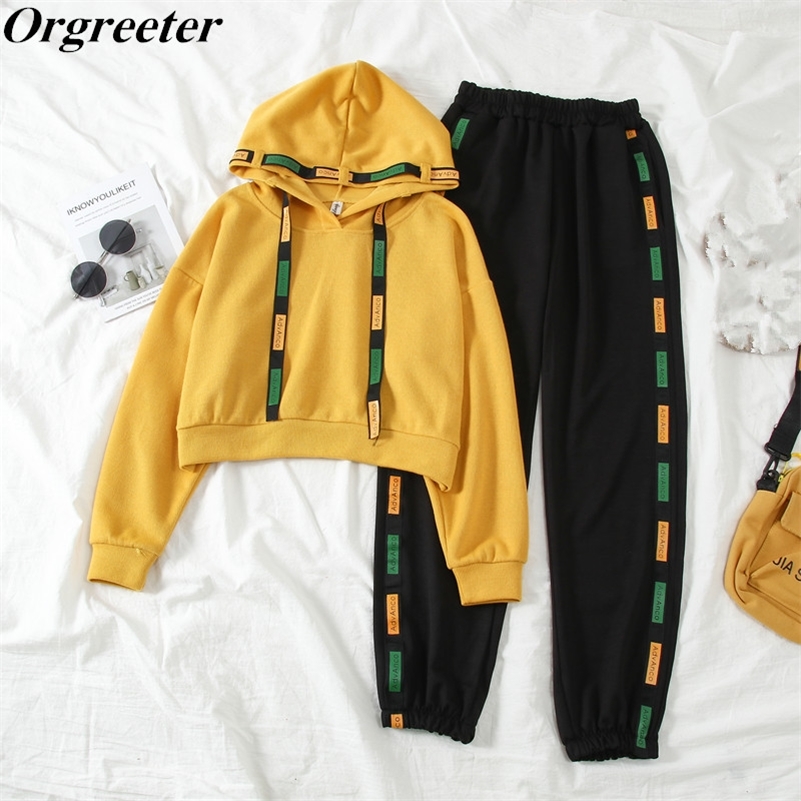 Casual Tracksuit Women's Yellow Hoodies and Harun Pants Two piece Sports Suit Female New Letter Print Casual Student Sets LJ201012