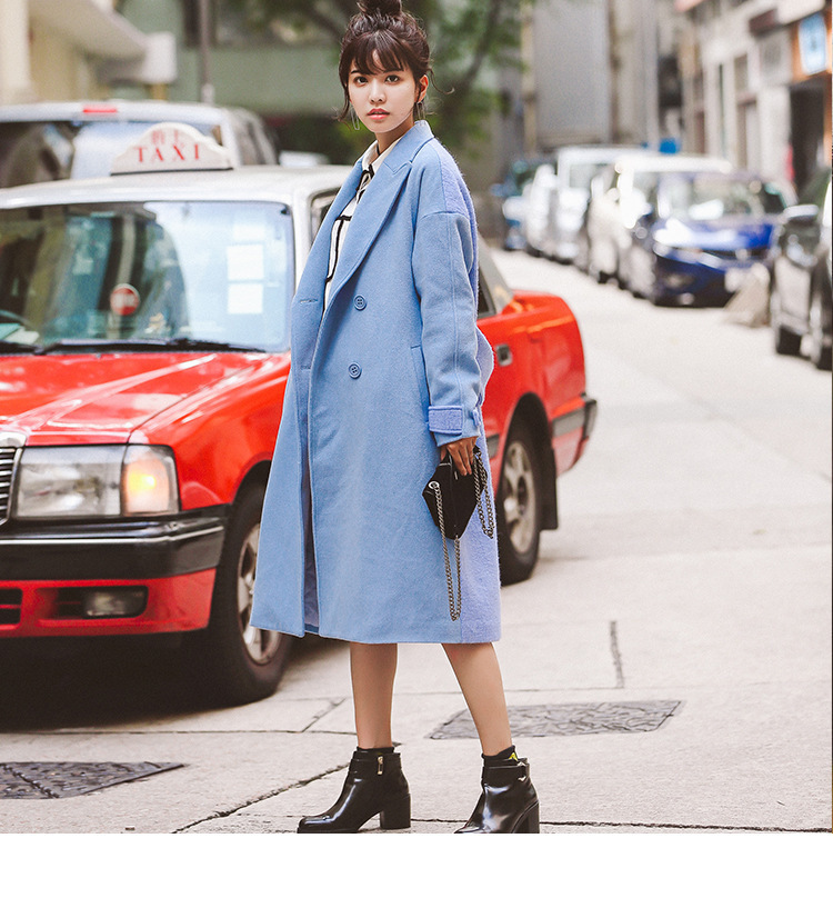 Winter Solid Double Breasted Wool Blend Coat And Jacket Pockets Turn-down Collar Ladies Coats Casual Blue Womens Long Coats 200923wtt