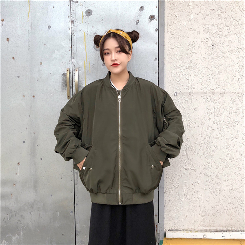 Women Bomber Jacket Boyfriend Oversize Long Sleeve Basic Coat Female Zipper Spring Armygreen Black Baggy Baseball Uniform Jacket 201022