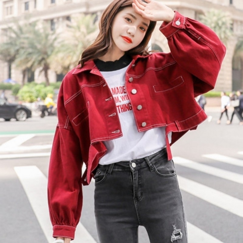 autumn short female jacket long sleeve women's denim jacket casual korean loose jean jackets female red yellow white coat women T200319
