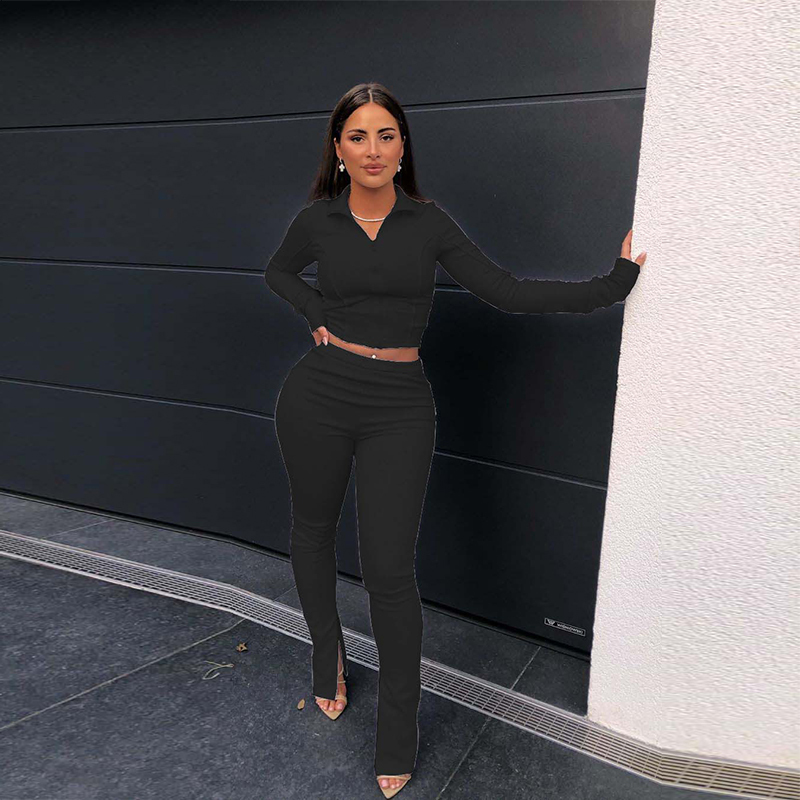 HAOYUAN Sexy Two Piece Set Jumpsuit Long Sleeve Top+Side Split Pants Fall Clothes for Women Tracksuit Club Outfits Matching Sets 201007