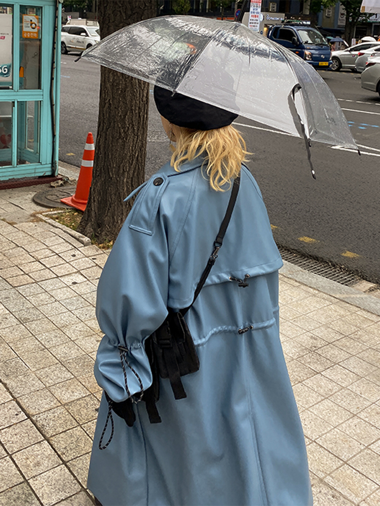 Nerazzurri Oversized blue long leather trench coat women raglan sleeve drawstring Loose casual plus size waterproof raincoat 7xl 201226